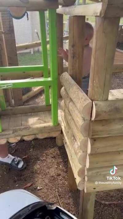 Toddler enjoys the small elevator which his family build for him
