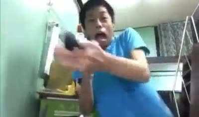 dude getting scared and panics and shoots camera