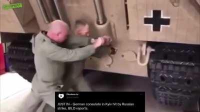 Polish Tankers starting up German tanks for them after the bombing of the German Embassy in Kyiv (2022 Colorized)