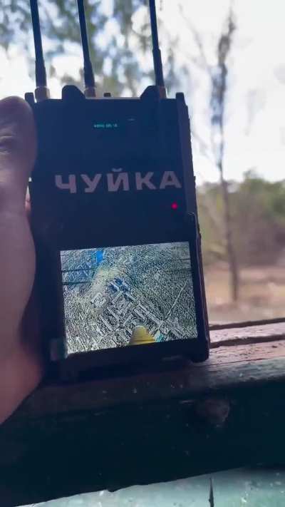 [sound] Ukrainian soldiers observe intercepted video feed of Russian FPV drone targeting them, but it falls to due to EW, Sept 2025