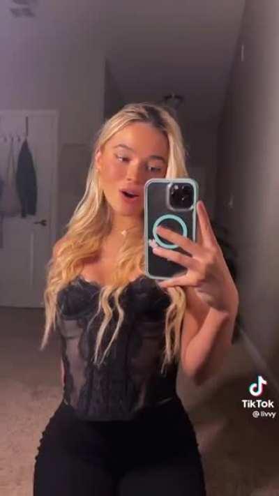 Looking amazing in that outfit, when she’s on her knees I can imagine her sucking and gagging on my hard cock