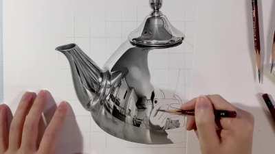 Hyperrealistic drawing of a teapot by artist Kohei Ohmori