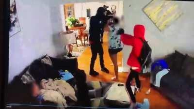 Four guys invade a home in South Bend, Indiana, pointing guns at mom and kid, while kid tries to fight them off and protect his mom