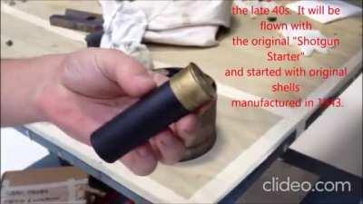 The Grumman FM-2 Wildcat had a Coffman starter a.k.a. 'shotgun starter'. This type of starter used a cordite cartridge and when detonated would move a piston which would then crank the engine.