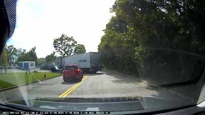 “Hm. Let me drive on the wrong side of the road to go around this UPS tractor trailer that has their left turn signal on,” the old lady in the Toyota RAV4 thought.