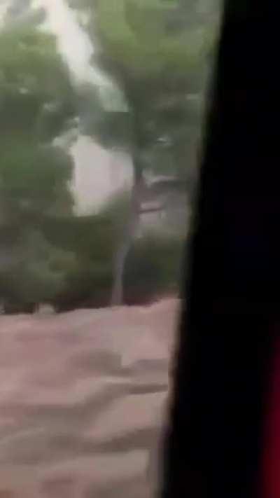 Greek firefighters make it just in time before the fire takes over the road. Greek wildfires 2021