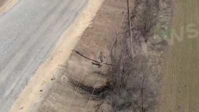 Ukrainian drone chasing a Russian soldier back to his unit. Who begin shooting at the drone. The positions is later hit by Ukrainian fire