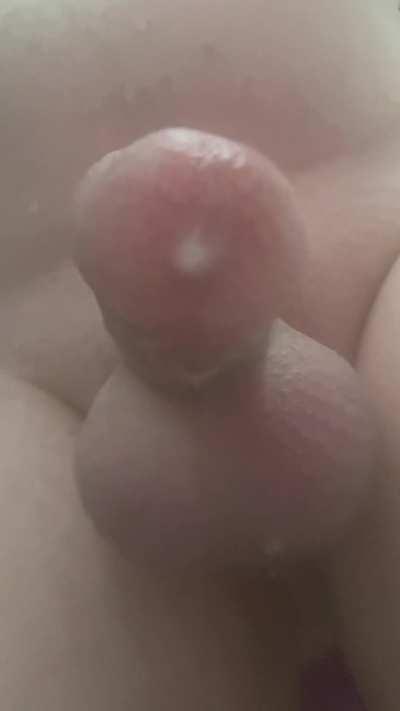 Cum drips while riding dildo in shower
