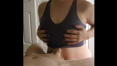 Sports bra tittyfuck. I go hands-free and make him cum between my tits in the full vid