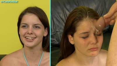 Cute face gets drenched by 3 ugly dicks