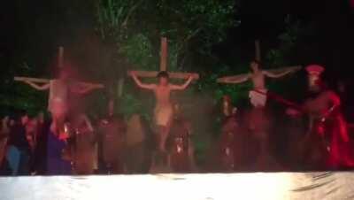 Audience member tries to save Jesus from crucifixion