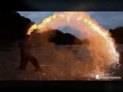 Fire aspect sword. +20 sharpness +50 buning damage