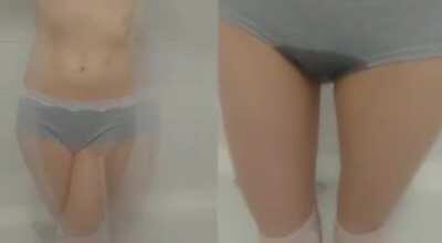 In the bathtub Holding on the left, letting go on the right