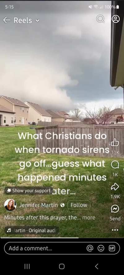 Speaking in tongues and invoking the name of Jesus at the sky to prevent a tornado