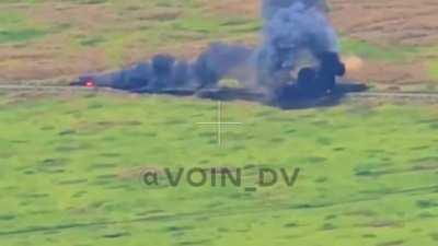 RU pov: Moving APC is hit and destroyed by an ATGM. 