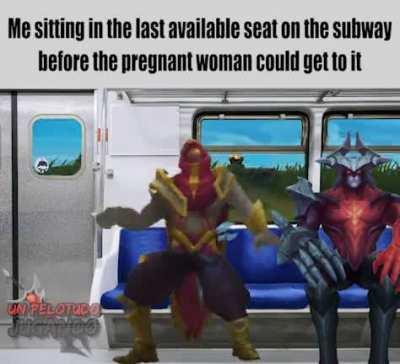 Me sitting in the last available seat on the subway before the pregnant woman could get to it