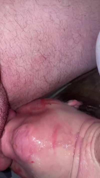 Red Face From Having “whore” Written On My Face In Lipstick And Then Smeared. Wet, Sloppy And Messy Schoolgirl fun while he watches