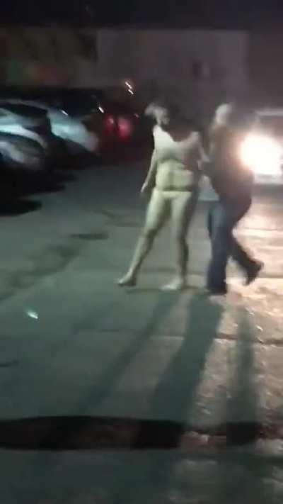 Naked guy takes on bouncer and gets kicked in the bare balls