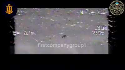 A drone operator of the Ukrainian Navy attacks a Russian boat rotating personnel on one of the many islands in the Dnipro delta. Kherson Oblast.