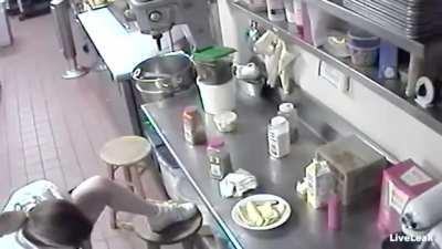 Restaurant chef puts a hotdog in her pussy before serving it