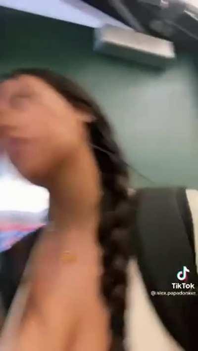 Walking in a low cut shirt with huge knockers