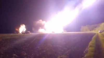 (title correction) Multiple Ukrainian Uragan BM-27 MRLS light up the sky as they strike the positions of Russian forces.