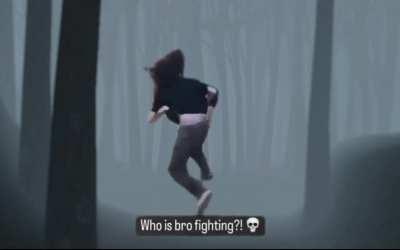 Vengarl watching the bearer of the curse fighting the invisible creatures in the shaded woods