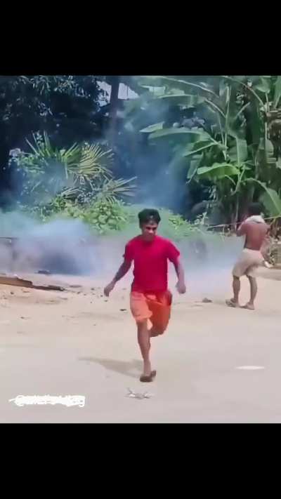 Running away from the fireworks and crossing the highway in panic.