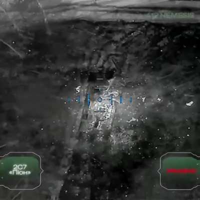 An operator of a Ukrainian Unmanned Aerial Vehicle Regiment attacks a Russian 2S7 