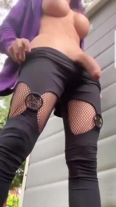 Sara strokes her dick outdoors