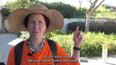 Before marching into Gaza, an Israeli settler from New York explains that that she wants to live on the beach in Gaza after the Palestinians are displaced. “We have lists already of about 500 families that are willing, on the drop of a hat to move to Gaza