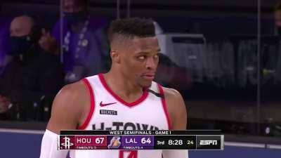 [Highlight] 35 year old LeBron blocks Russ and finishes in transition with a three point play