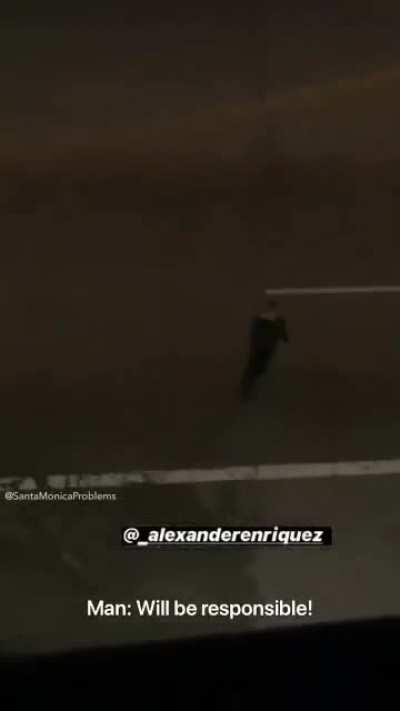 Idiot threatens people at night in the middle of the road. Meets idiot in car. (Minor injuries)