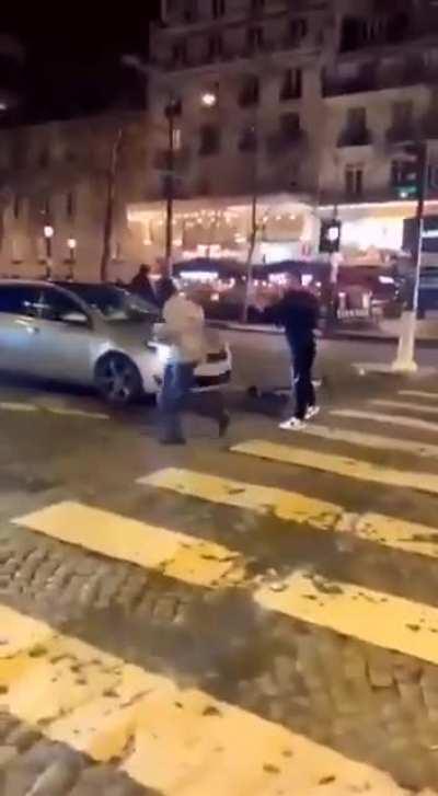 Man harassing cars and cyclists at night gets whooped and chased until he falls down like a sack of potatoes
