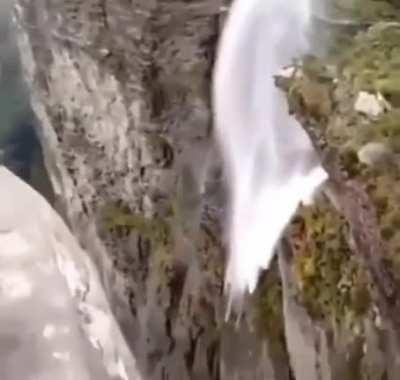 Waterfall unable to fall due to high winds.