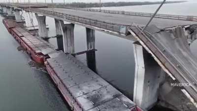 Current state of the Antonivskyi bridge over the Dnipro river near Kherson