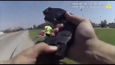 Cops try to arrest someone who is peacefully protesting in a public space. The cops chase the man until their supervisor steps in.