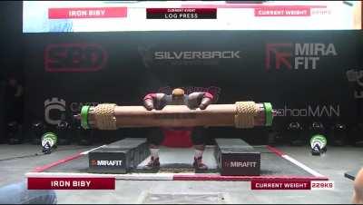 Iron Biby sets a new World Record in the log press tonight in Glasgow in memory of his father. He lifted 504lbs (229kg) and he did it with relative ease and followed the lift up with a little bit of acrobatics...