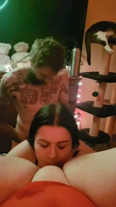 As he fucks her deep, they both eat my pussy