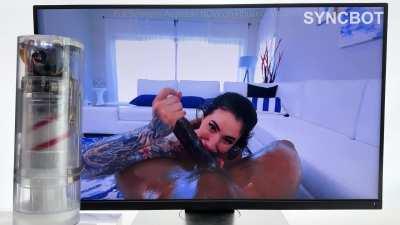 Spit twice+tit fuck+deep throat+testicle licking within 20 seconds with Arabelle Raphael