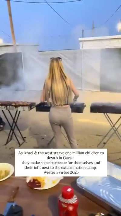 Zionists/Nazis enjoying a barbecue next to modern day Auschwitz — Gaza, while over 71,000 children are about to die from severe malnutrition from the blockade