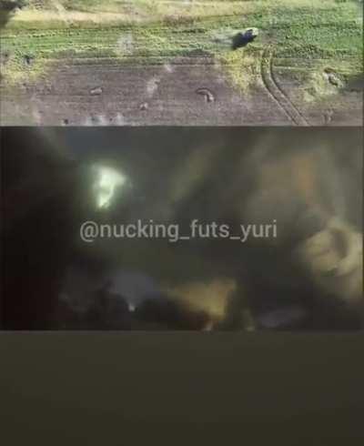 Ukrainian HMMWV hitting AT mine. 3 different angles synchronized. Drone, Gunner POV, 2nd hmmwv POV.