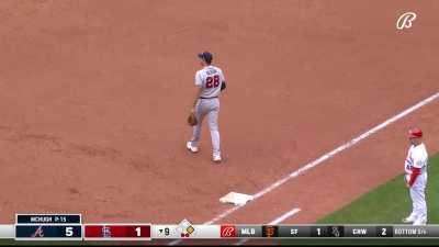 [Highlight] Matt Olson jumps to snag a line drive and then dives to the bag to turn a double play