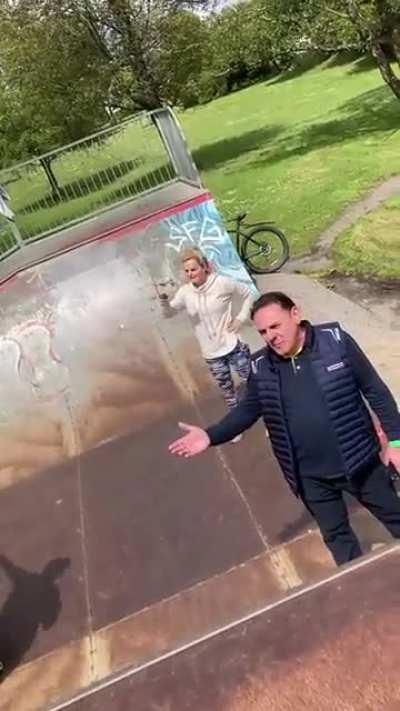Millionaire 2nd hand car salesman opposes skatepark redevelopment across from his house. Then threatens kids after his wife walks on ramp.