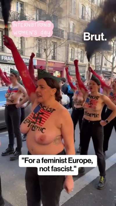 French Feminists protesting the rise of Fasism on International Women's Day with some fierce energy and body paint