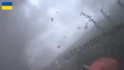 ua pov: Vehicle with foreign fighters getting hit - view from one of them