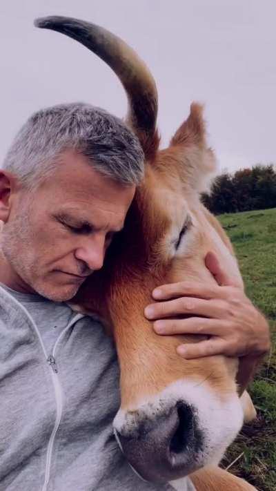 The caretaker at this animal sanctuary shows compassion for the animals in his care and they show their appreciation in return