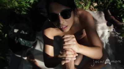 Sneaking him a nice massage with both hands!