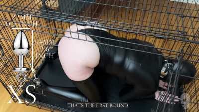 Good things should know their place: plug in the butt, collar on the neck, and a pet-slave in the cage [OC]