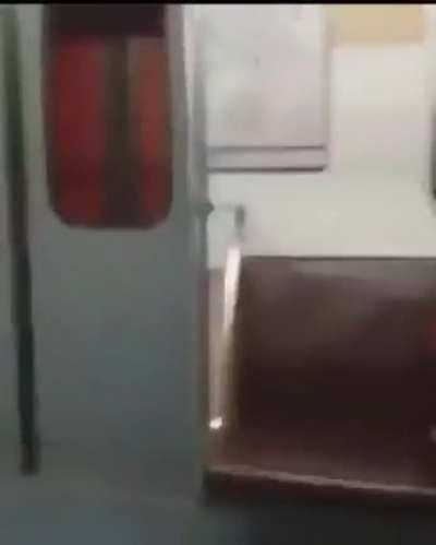 A Giant freaks out in the subway before reaching the station he breaks the window with his bare hands and then rips open the doors.